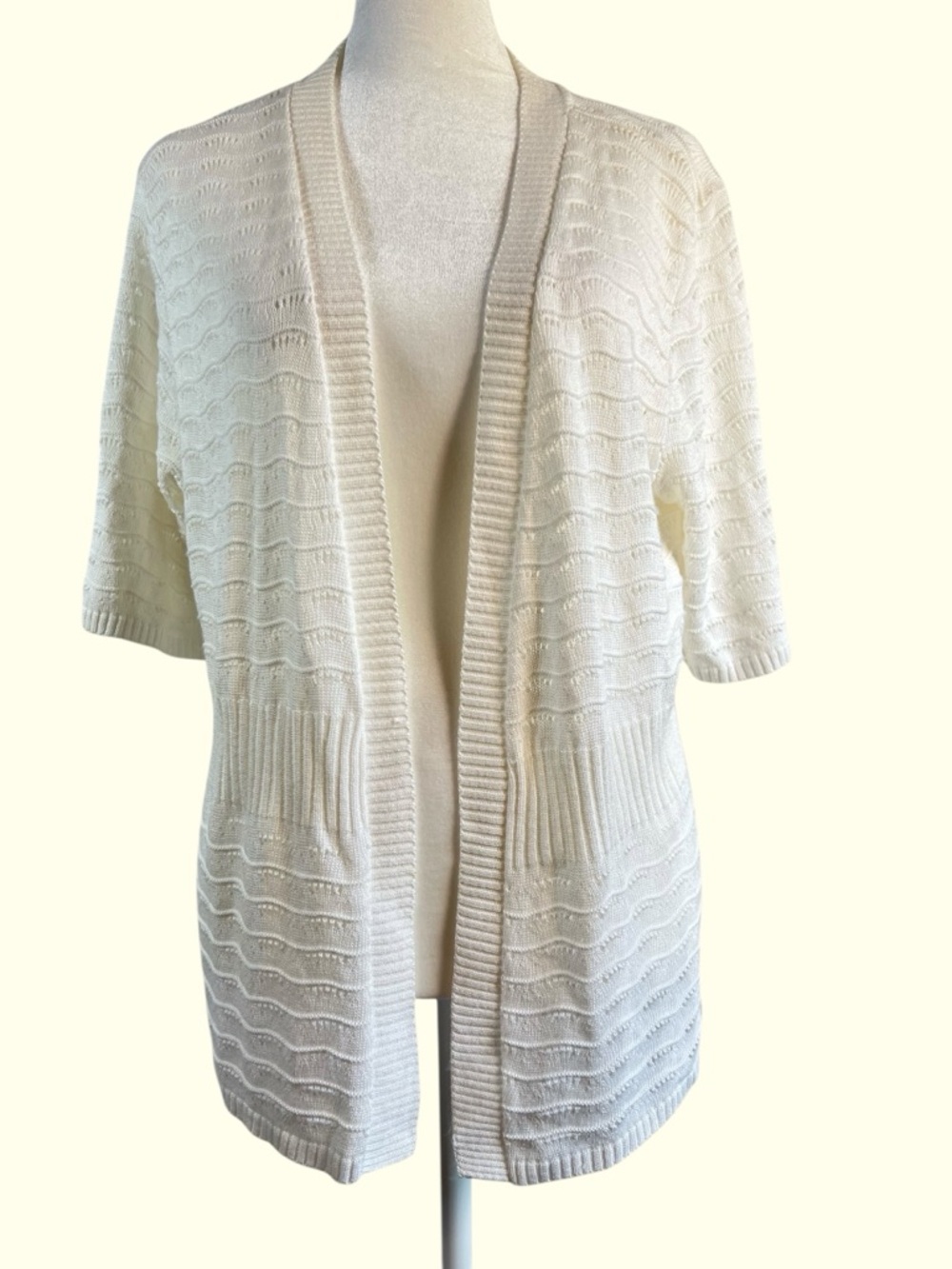 Christopher & Banks Cream Short Sleeve Open-Front Knit Cardigan Size Large